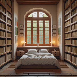 CREAME LA IMAGEN DE UNA HABITACION CON MUCHOS LIBROS  SILLON SUA...