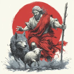 Create an image of a muscular shepherd resembling Jesus with lon...