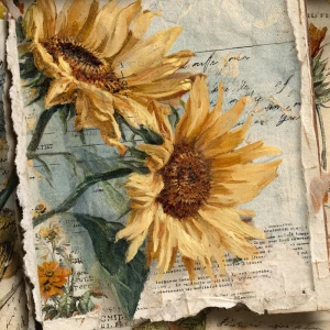 Rustic sunflower junk journal page, oversized sunflower blooms a...