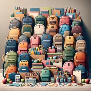 A line of backpacks against a wall, like the backpacks are linin...
