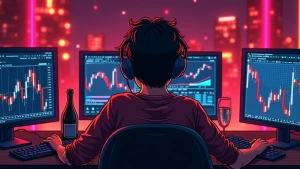 a sad Wojak character sitting in front of multiple monitors with...