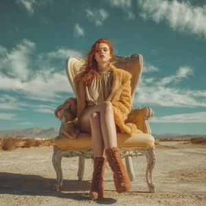 Redhead model sitting on a luxury chair in the desert