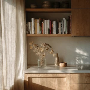“Japandi kitchen with beige oak cabinets, minimal hardware, micr...