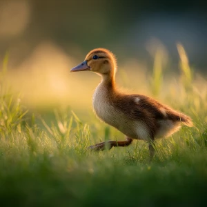 A baby call duck gently waddles through a field of lush green gr...