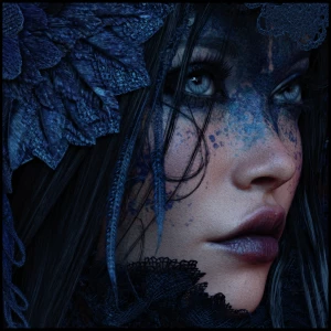 A resplendently enigmatic digital oracle, her dark beauty a haun...