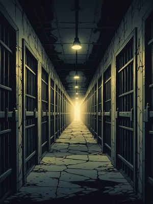 An interior shot looking down a long, incredibly narrow and dark...