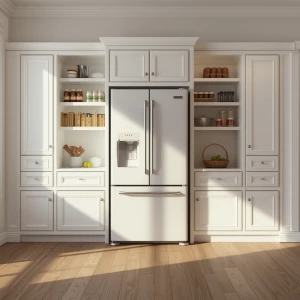 Create a high-quality image of a kitchen with a refrigerator in...