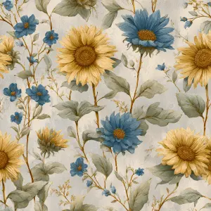 flat 2D surface design, vintage sunflower and blue wildflower pa...