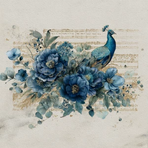 Edge-hugging bouquets of dark blue flowers with peacock feathers...