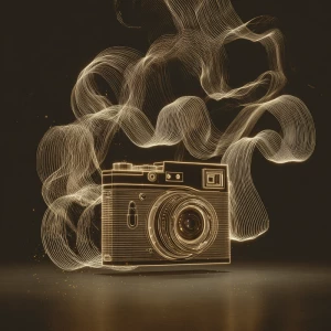 brown camera Neon lines glowing and twisting on a digital canvas