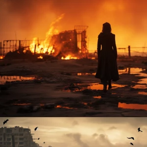 A scorched city frozen in time, human silhouettes burned into cr...