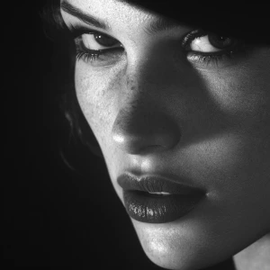 A femme fatale portrait in classic noir style, black and white,...