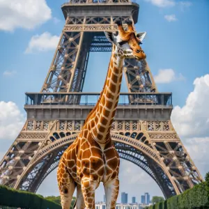 giraffe standing in front of Eiffel tower