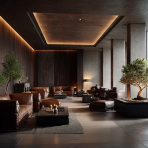 Design a luxurious modern lounge interior with ten plush leather...