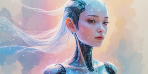 A shimmering android, its graceful form made of pixels and light...
