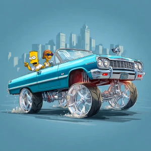 Digital art, cartoon style. A bright cyan, custom lowrider truck...