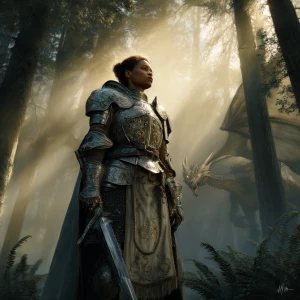 Digital painting of a stoic female knight in highly detailed arm...