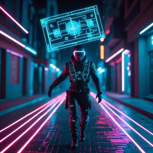 In a pulsating glitchy neon landscape, a virtual treasure hunt u...