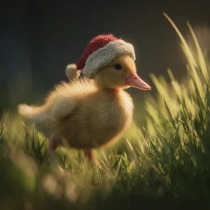 A yellow feathered baby call duck wearing a Santa hat gently thr...