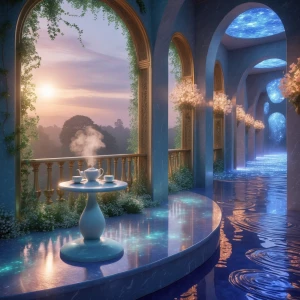 Create an image of a secluded circular balcony made of shimmerin...