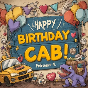 Banner states,
“Happy Birthday Cab!
February 4”
(comic style; de...