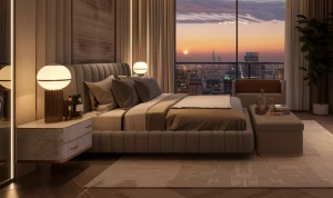 Ultra-realistic photo of a luxury apartment bedroom, warm neutra...