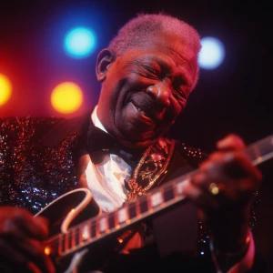 Intimate close-up of B.B. King’s upper body, wearing a black seq...