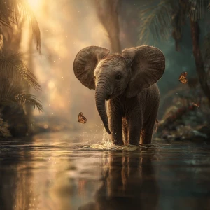 adorable baby elephant named Ember standing in a shallow jungle...