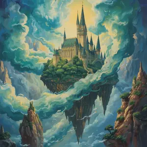 Swirling ethereal mists embrace a majestic floating island, its...