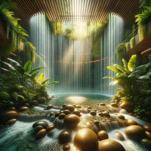 You stand inside the Waterfall Veil Room, an open-air sanctuary...