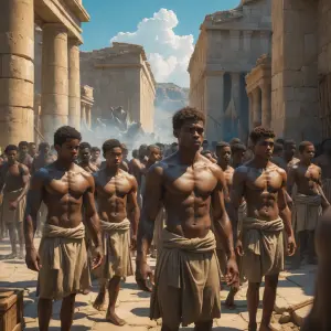 A group of young, muscular White slave boys, shirtless under the...