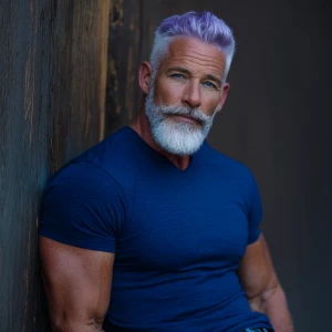 A confident older man with pastel lavender hair styled in a mode...