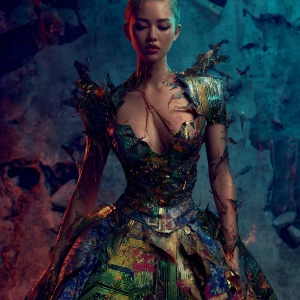 An eerily vibrant post-apocalyptic virtual influencer, their syn...