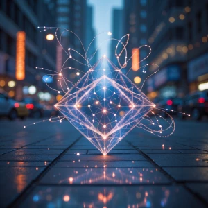 In the midst of a bustling urban landscape, a shimmering fairyli...