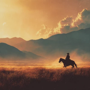 A lone cowboy on horseback rides across wide open prairies at su...