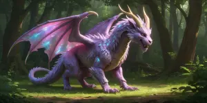 In a lush forest clearing, a fairylike mauve-tinted manticore st...