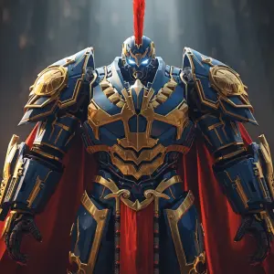 Photorealistic giant cybernetic warrior in heavy power armor, bl...