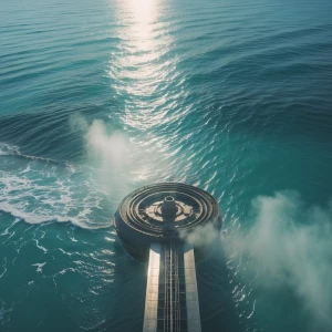 The camera starts over the calm turquoise ocean, mist curling ar...