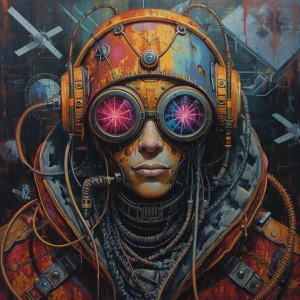A vividly rusting hacker in an elaborate dieselpunk attire, each...