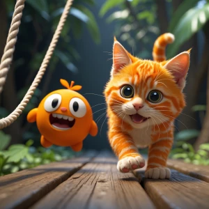 Has una imagen de un gatito naranja persiguiendo a Om Nom (del j...