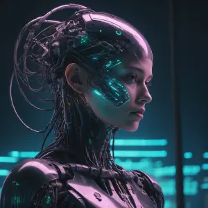 Create a futuristic cyborg portrait with glitch artifacts swirli...