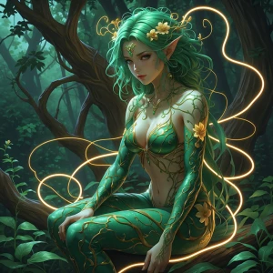 A brilliantly emerald-hued dryad, every aspect exudes elegance i...