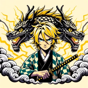 Create an image of Zenitsu Agatsuma surrounded by thunder, formi...