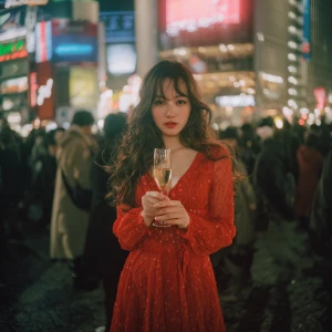 A young woman with long flowing hair and a bright red dress, sta...