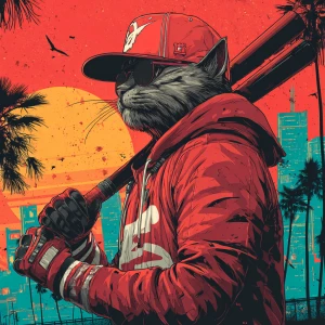 A humanoid cat wearing a red hoodie with a white zipper, a red b...