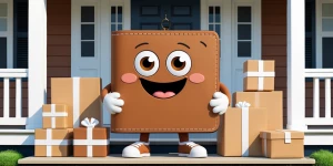 A cute and friendly cartoon wallet character with big, expressiv...