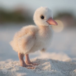 A newborn baby flamingo chick named Flan, soft pale-gray down wi...