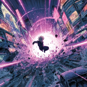 unleashing a gravity pulse in a neon-lit cityscape, floating abo...
