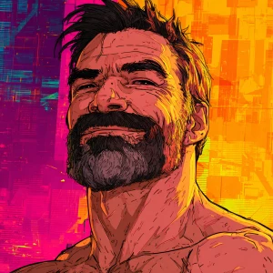 White muscular thin man with beard, big chin, smile and cheekbon...