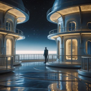 In the ethereal glow of a silvery lavish lunar colony, a lone fi...